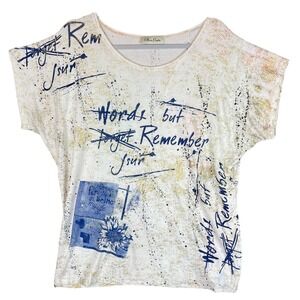 Olivia Pratto Italy Graphic Print Top White Blue Art Script Dolman Sleeve OS